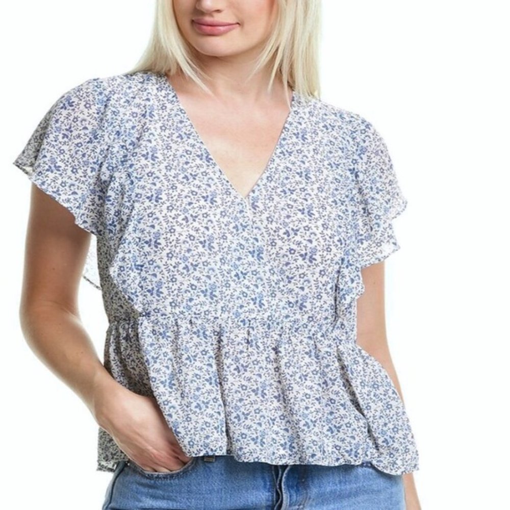 Madewell Ruffle Sleeve Georgette Peplum Top Floral Vintage Parchment XXS NWT